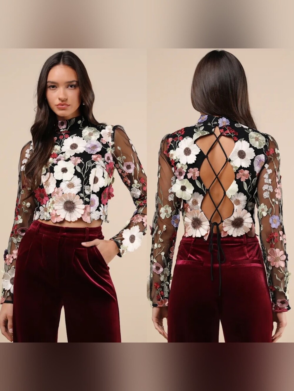 Lulus Fantastic Charisma Black 3D Floral Lace-Up Top S Wedding Party Festival